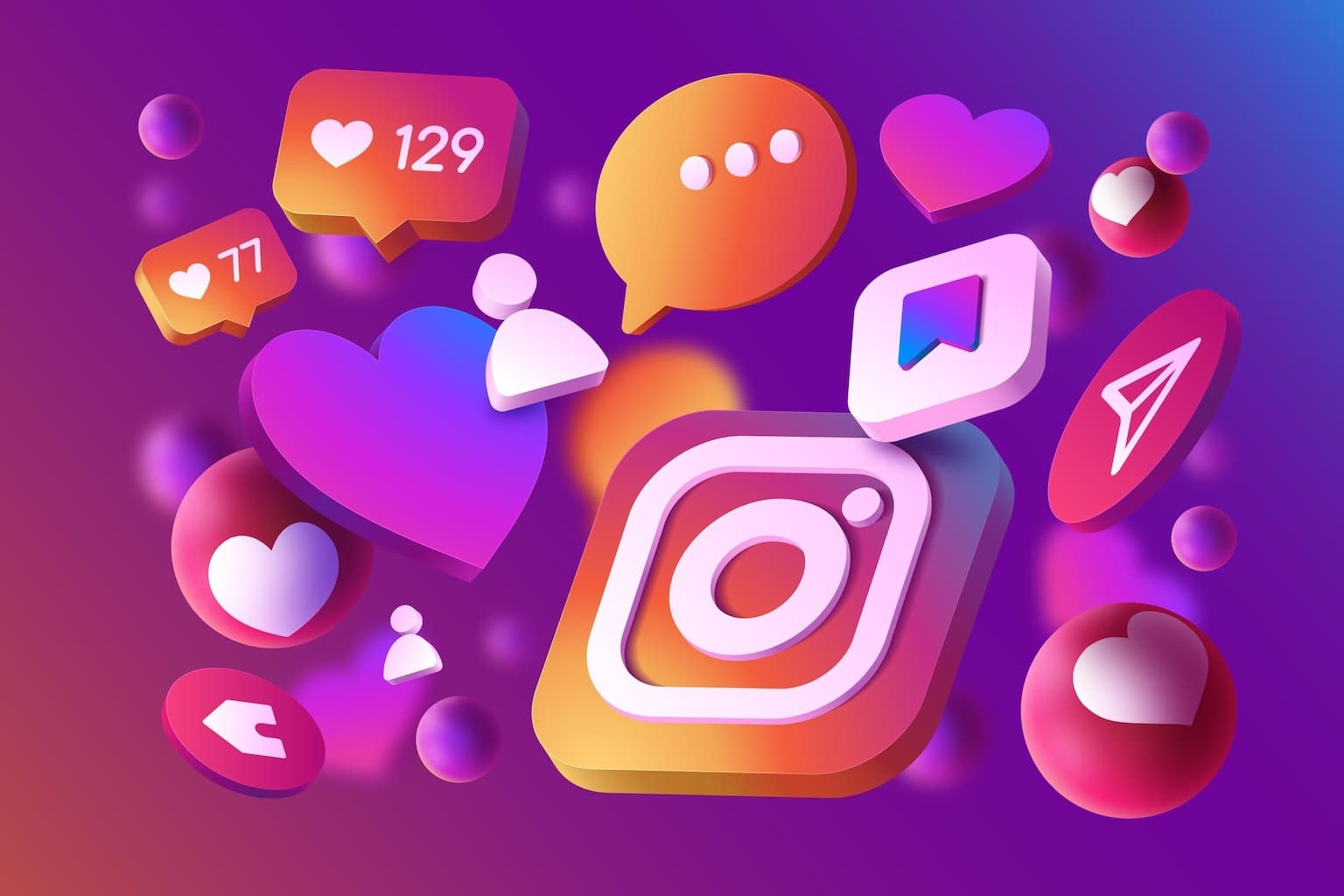 Illustration colorée représentant les réseaux sociaux avec l’icône Instagram et des éléments d’engagement visuel