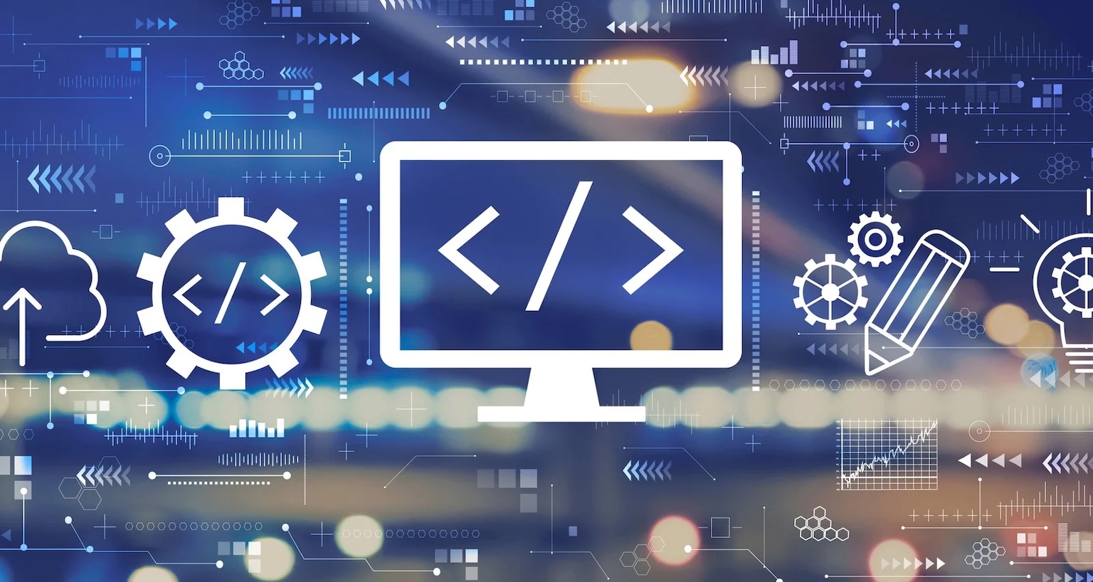 Illustration du support technique avec écran de code, icônes de développement et suivi technique web