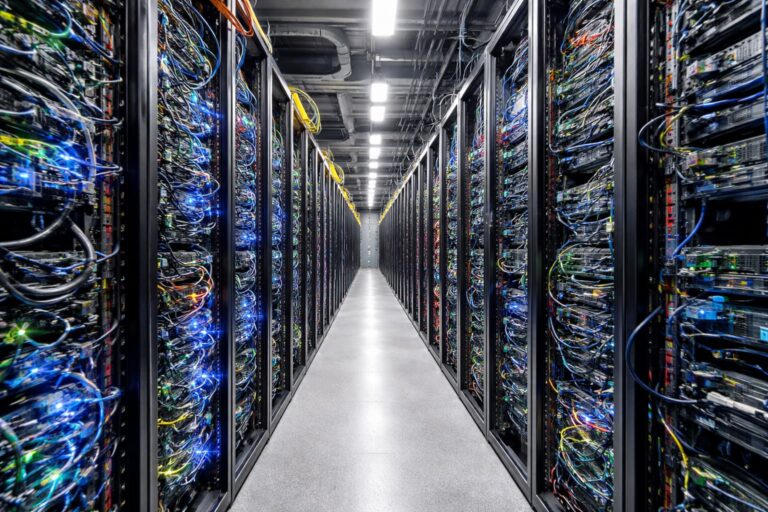 Infrastructure serveur dans un centre de données, avec des équipements en fonctionnement.