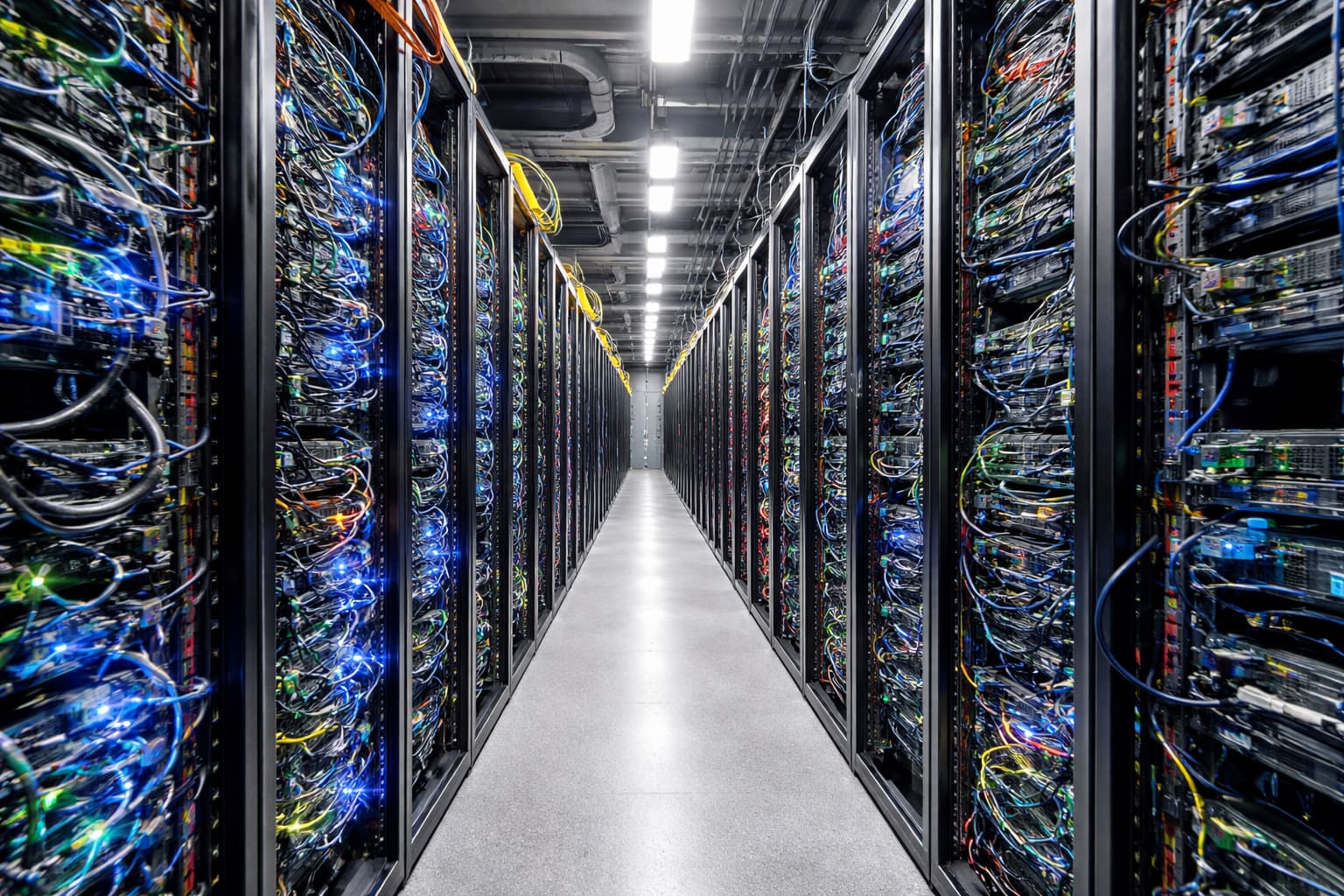 Infrastructure serveur dans un centre de données, avec des équipements en fonctionnement.